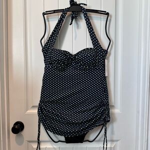 Swimsuits For All Navy and Green Polka Dot Halter Tank One-Piece